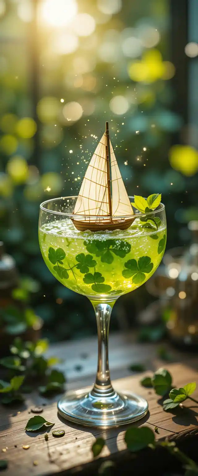 Tiny sailing boat inside clover lemon cocktail in glass