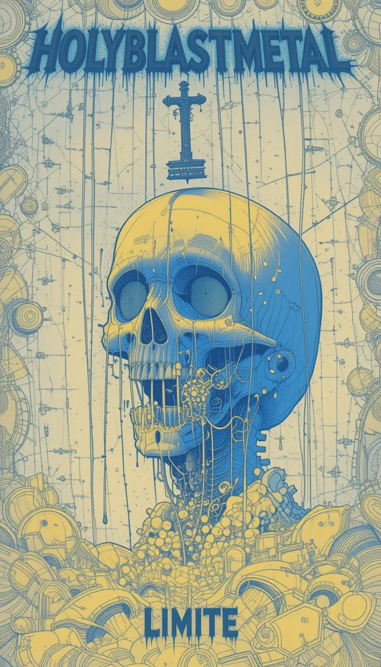 Affiche de crâne inquiétante avec titre holyblastmetal en bleu et jaune