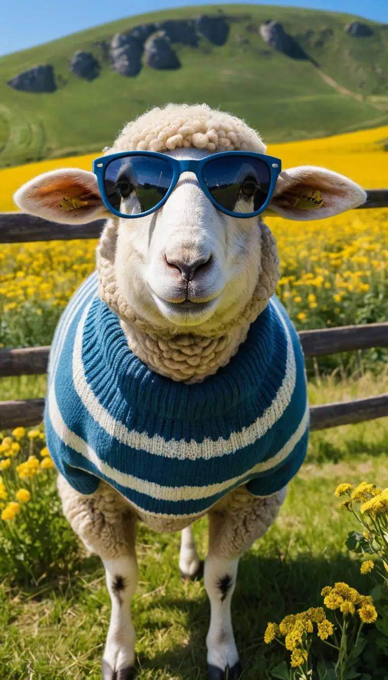 Stylisches Schaf mit Sonnenbrille im gelben Blumenfeld
