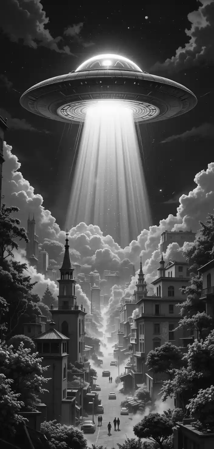 UFO Hovering Over Monochrome Cinematic Cityscape At Night