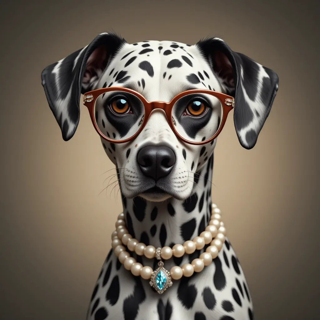 Eleganter Dalmatiner mit Brille und Perlen-Diamant-Halsband