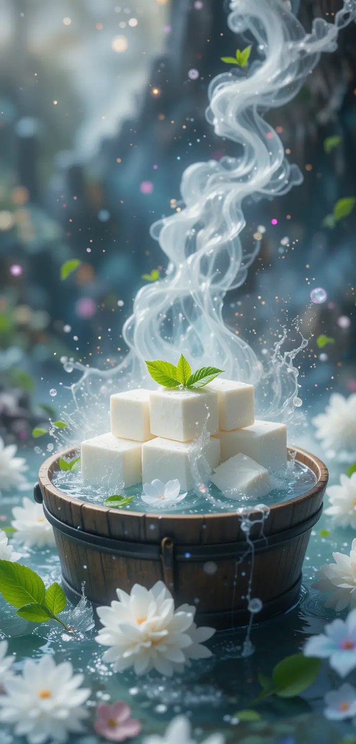 Tofu blanc trempant dans un seau en bois avec des feuilles de menthe flottantes