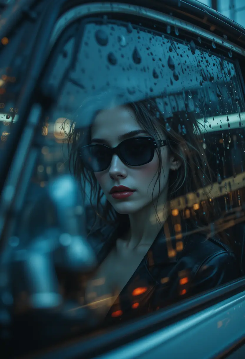 Portrait cinématographique d’un mannequin de mode dans une voiture sous la pluie
