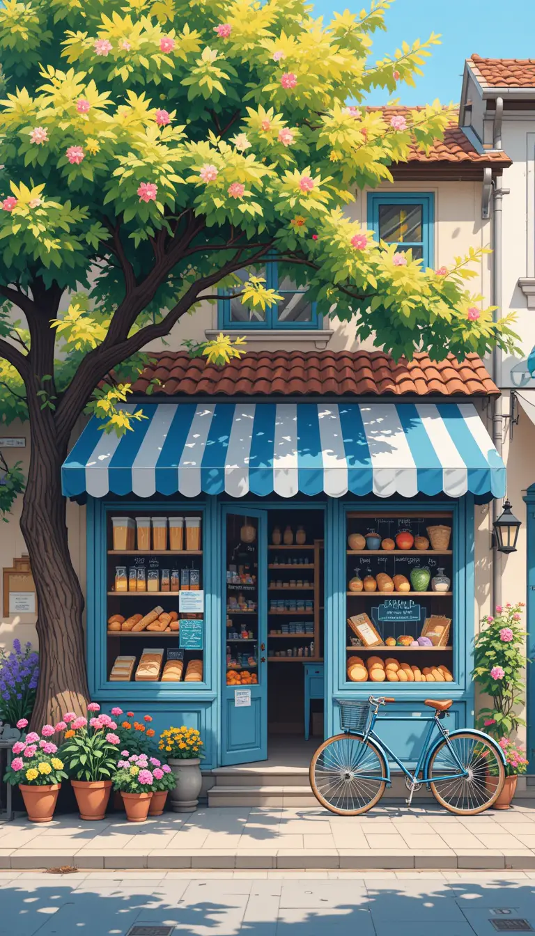 Illustration d’une charmante boutique de rue avec arbre et vélo