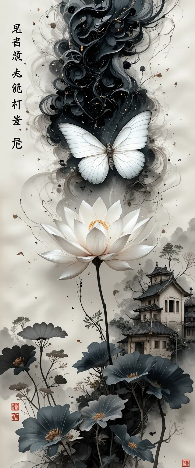 古老手稿上俯視的超現實蓮花與蝴蝶