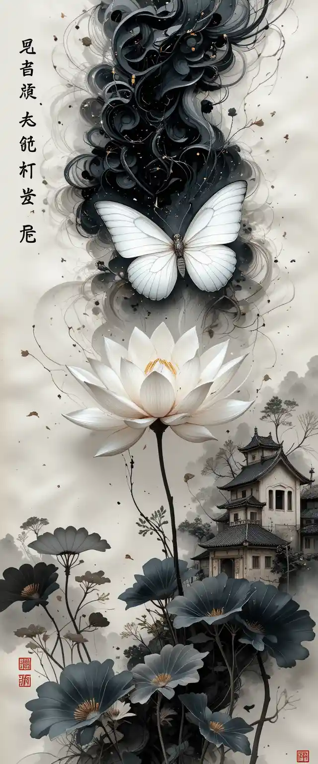 Surreal top view lotus with butterfly on ancient manuscript