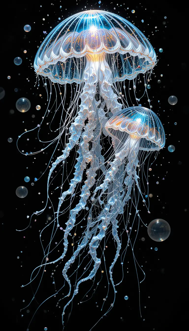 海の虹色クラゲの緻密なインクスケッチ