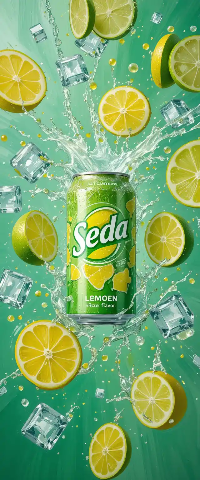 Lattina di soda al limone e lime con schizzi d’acqua e agrumi