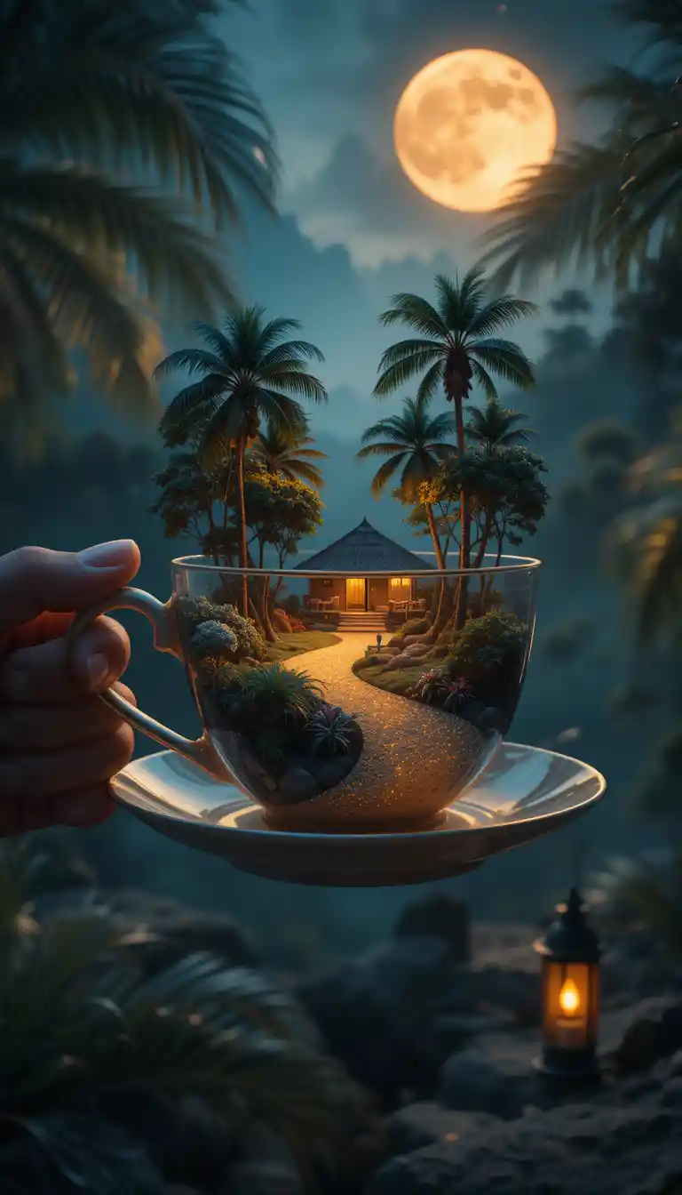 盛裝月色夏季露台景觀的超現實茶杯