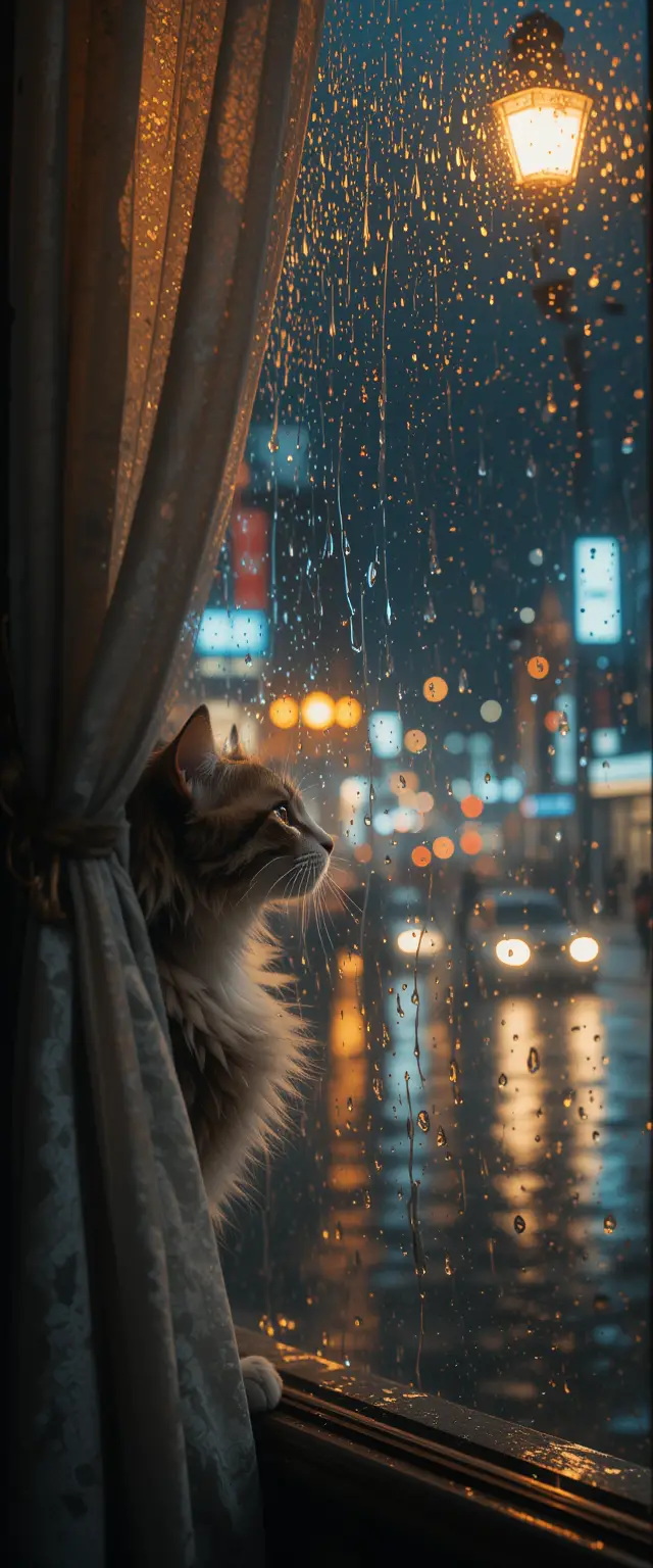 밤 도시 불빛을 바라보는 비 내리는 창밖의 고양이