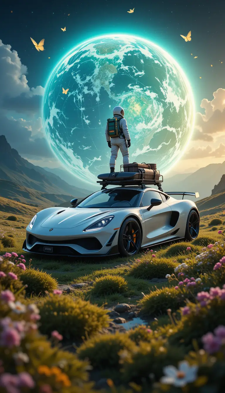 Astronauta su auto da corsa sotto una Terra luminosa nella natura