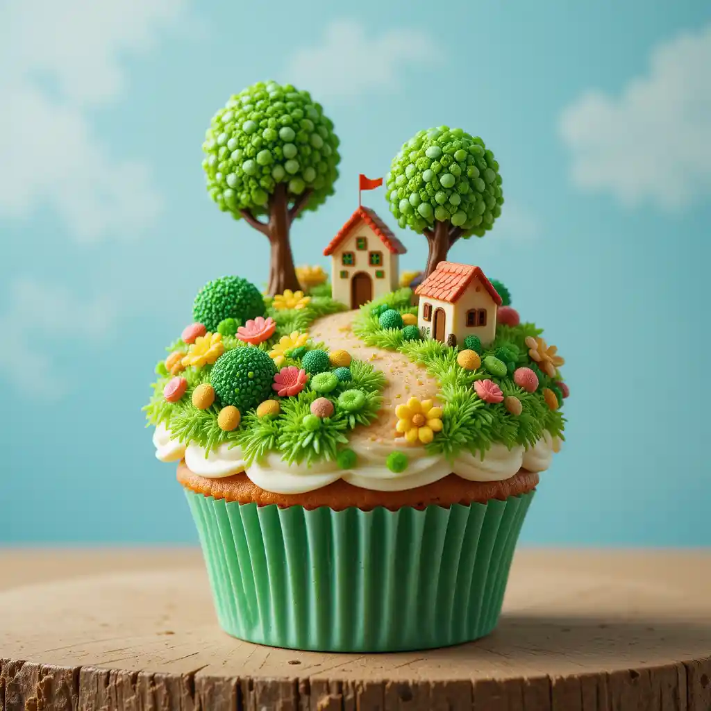 Verspieltes Süßigkeiten-Dorf auf einem glasierten Cupcake