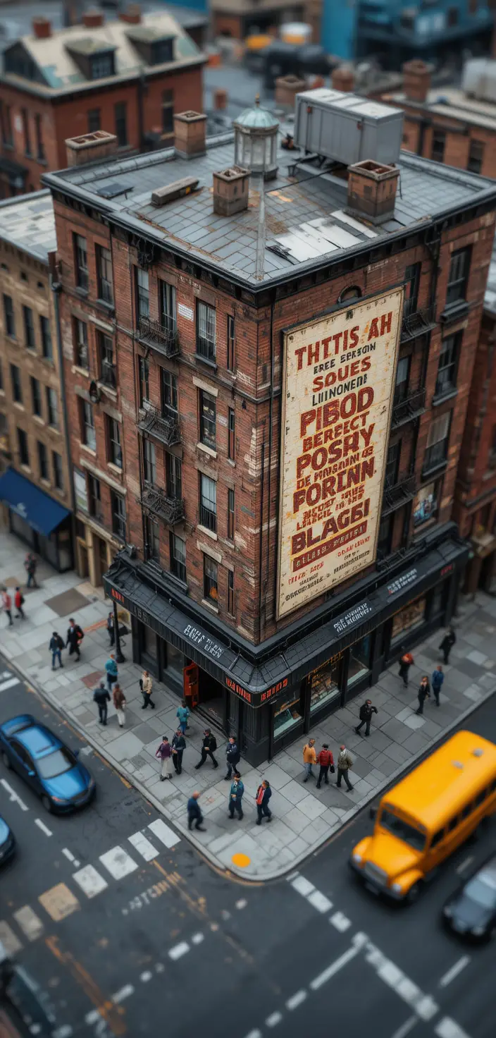 Vieux bâtiment en briques en ville avec publicité murale délavée