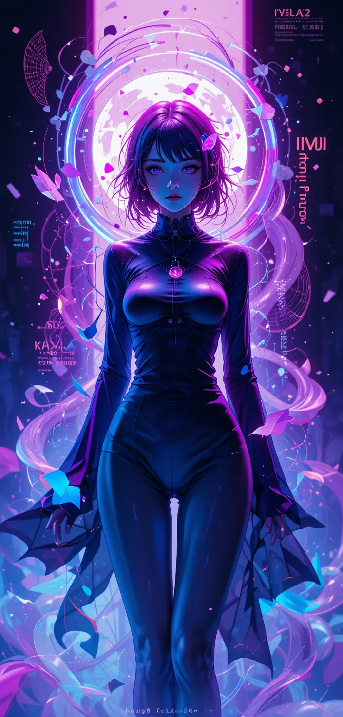 霓虹抽象數位能量背景中的動漫女子