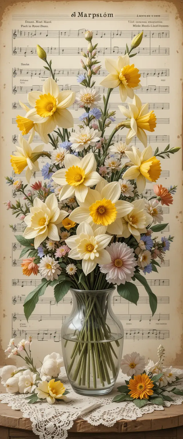 Vintage-Blumenstillleben mit Narzissen und Notenblatt