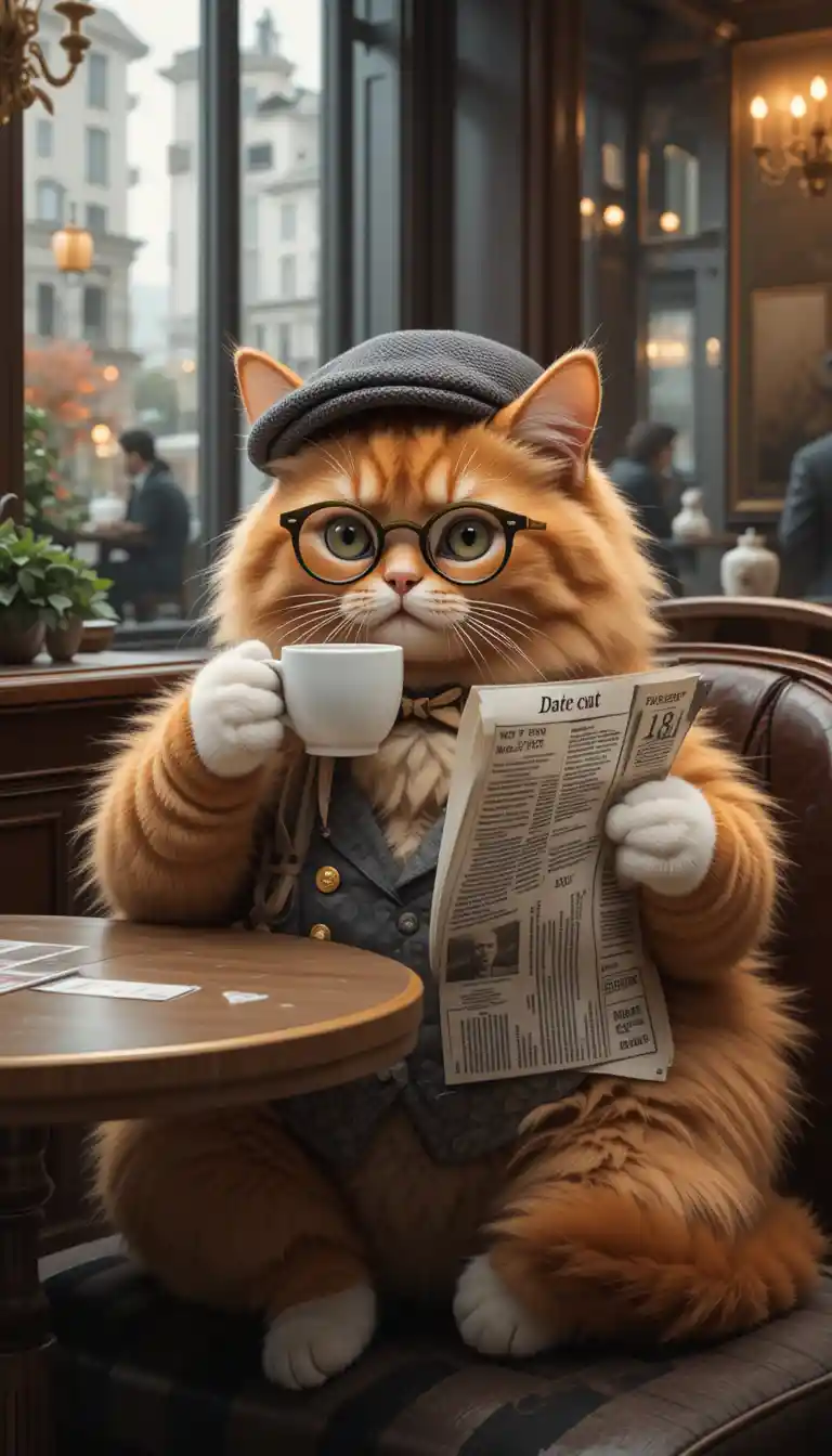 Gatto arancione in un caffè elegante che sorseggia caffè