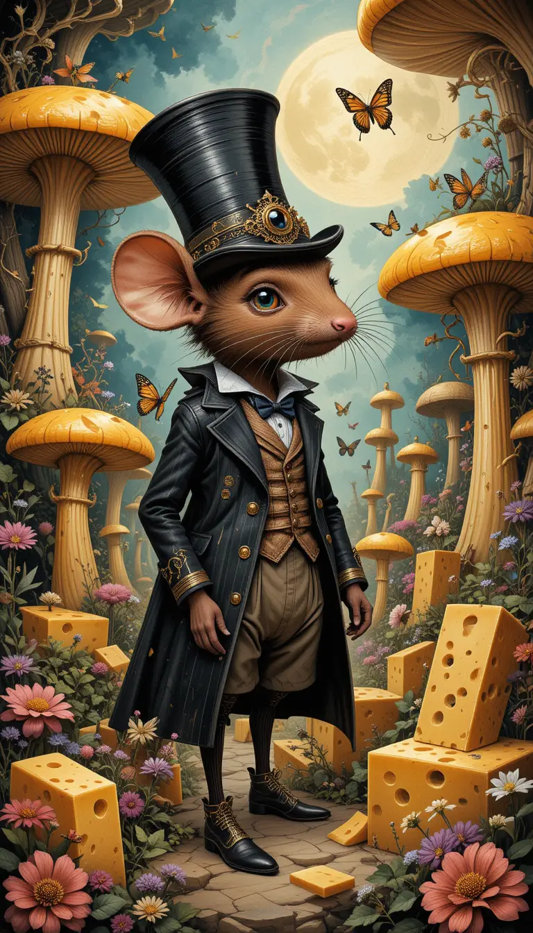 Verspielte Maus in einer surrealen Käse-Fantasiewelt