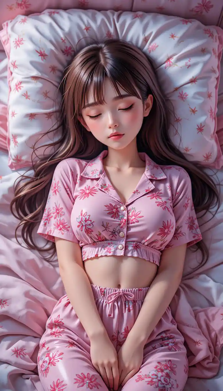 Garota de anime dormindo com pijama rosa floral