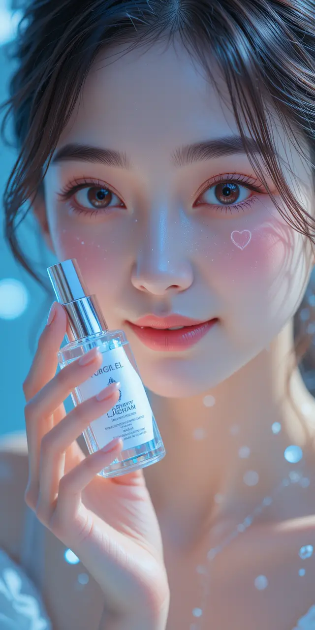開心的日本女性在攝影棚手拿保養精華液
