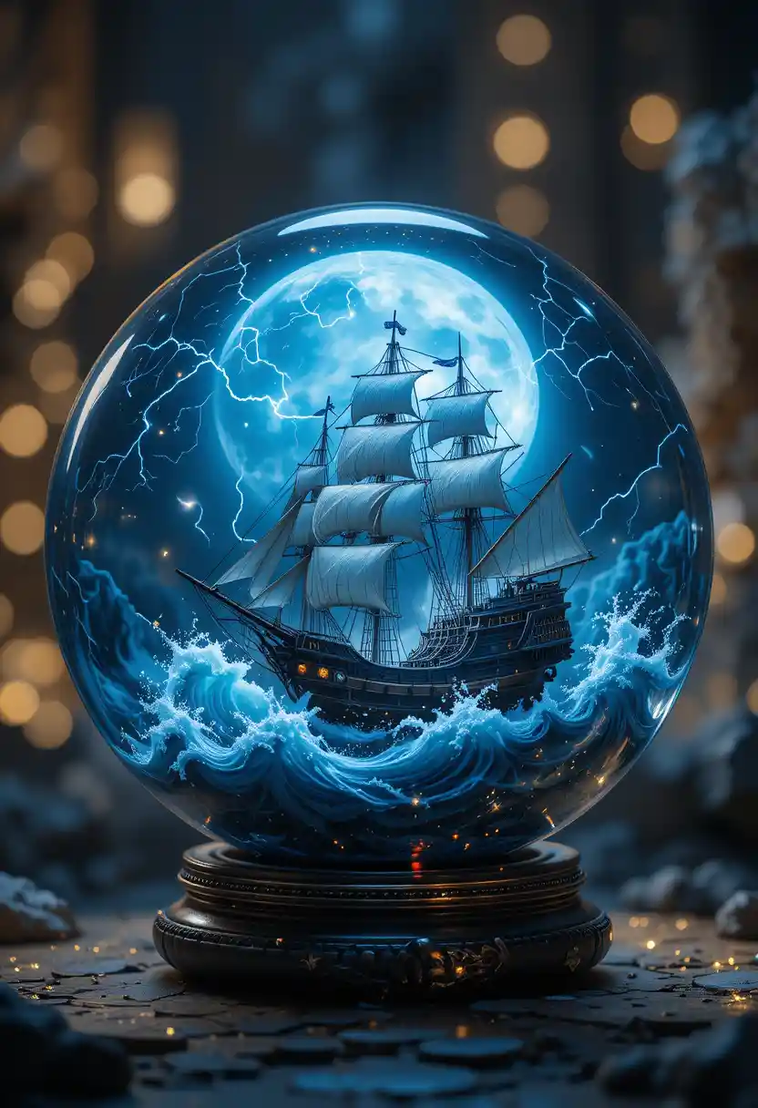 Piratenschiff im Sturm in einer leuchtenden Glaskugel