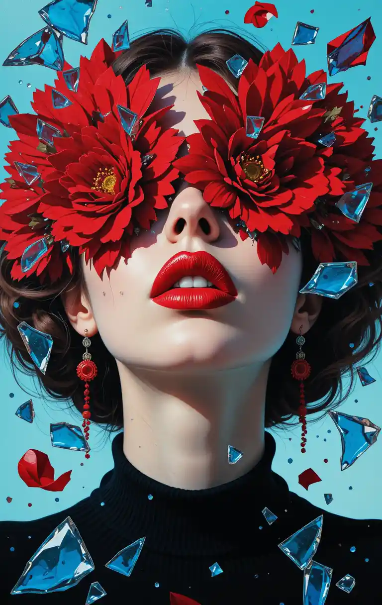 Mujer surrealista con flores rojas cubriéndole los ojos
