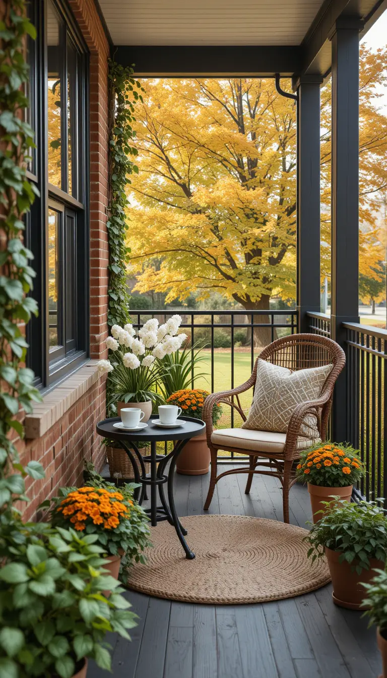 Gemütliche Herbstveranda mit Pflanzen und Couchtisch