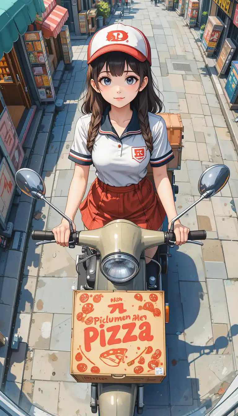 可愛的動漫披薩外送女孩騎著機車穿梭城市街道