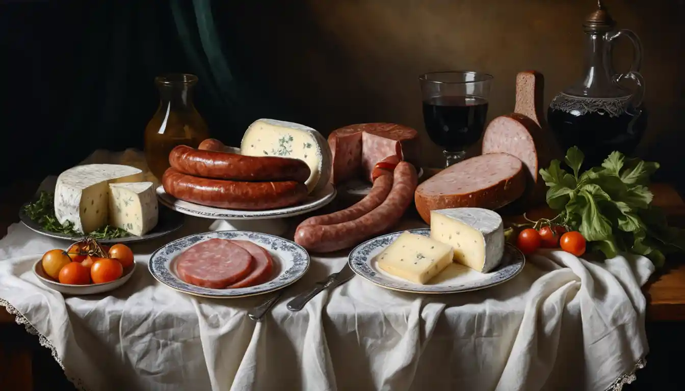 Nature morte sombre de style hollandais avec fromages et jambon
