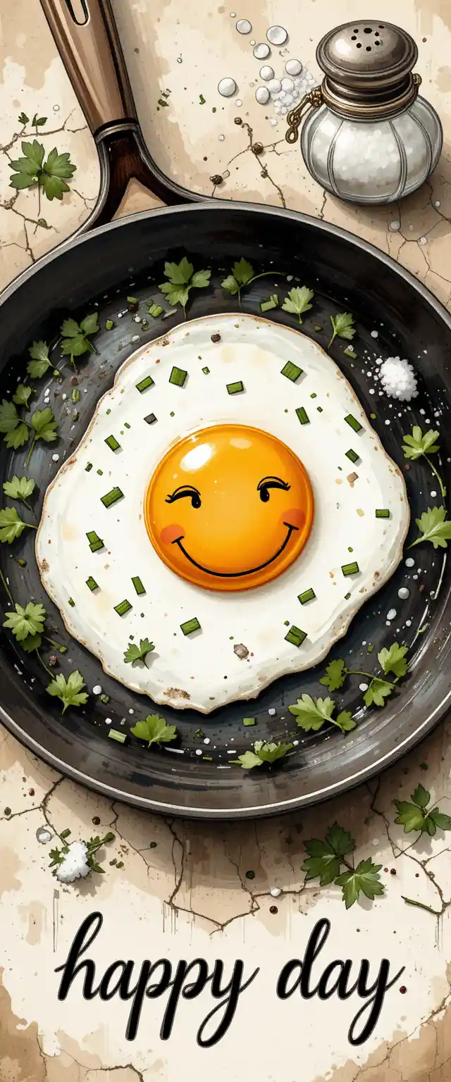 Œuf au plat souriant dans une poêle rustique en aquarelle