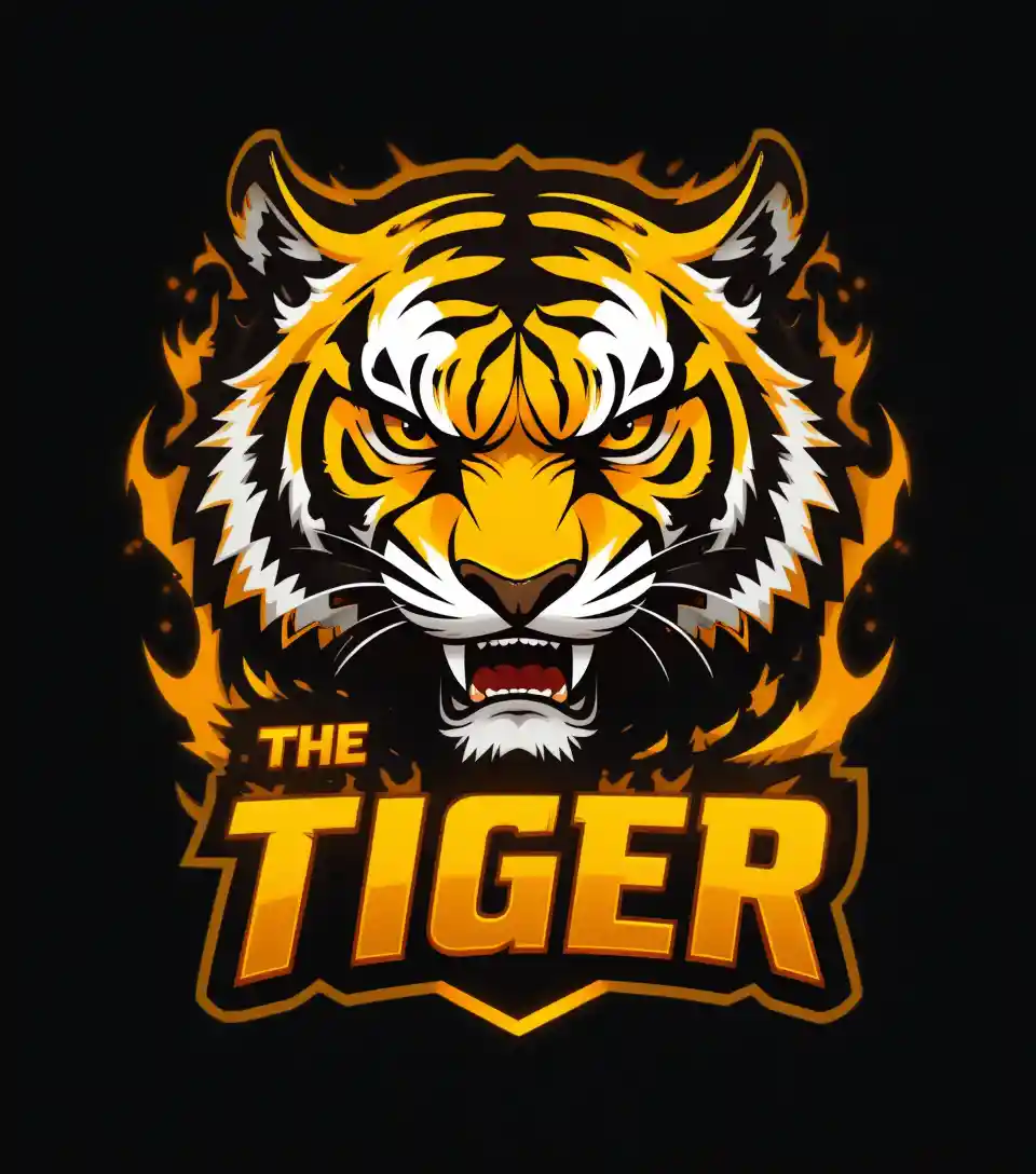Logo mascotte eSports di tigre aggressiva con fiamme intense