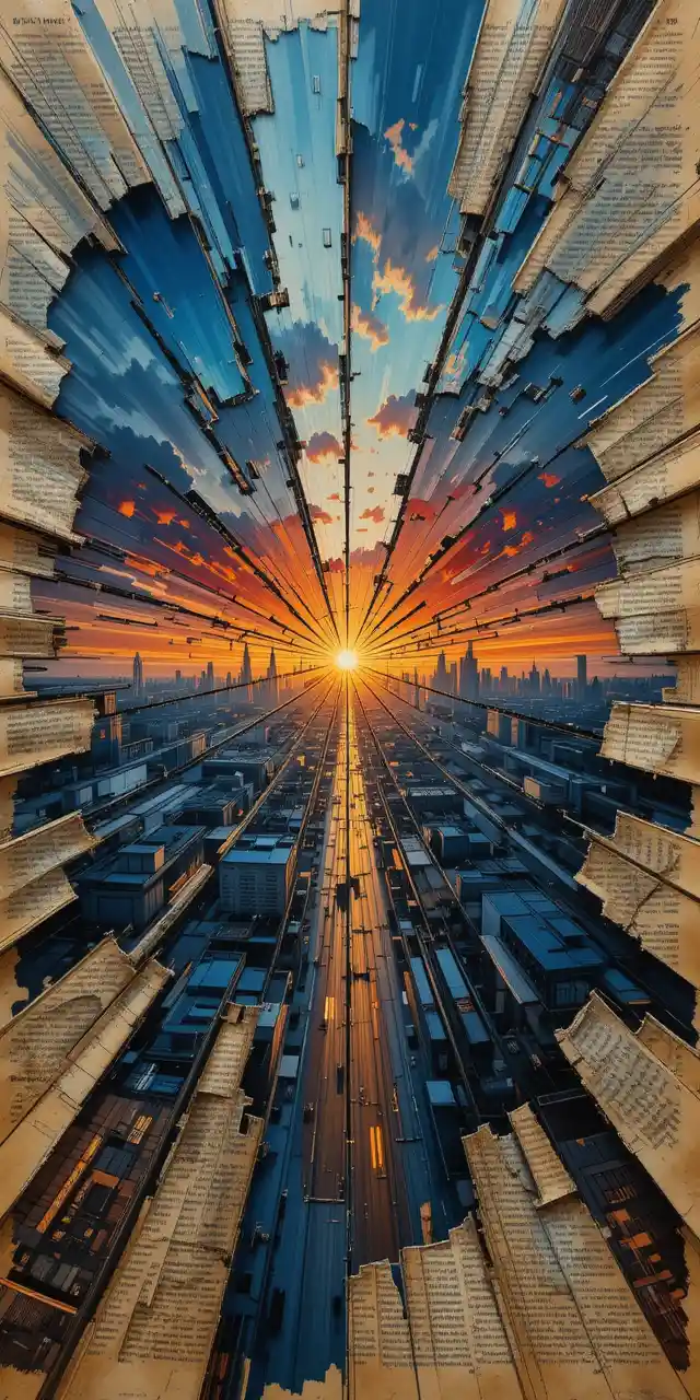 動態破碎視角的夕陽城市景觀畫作