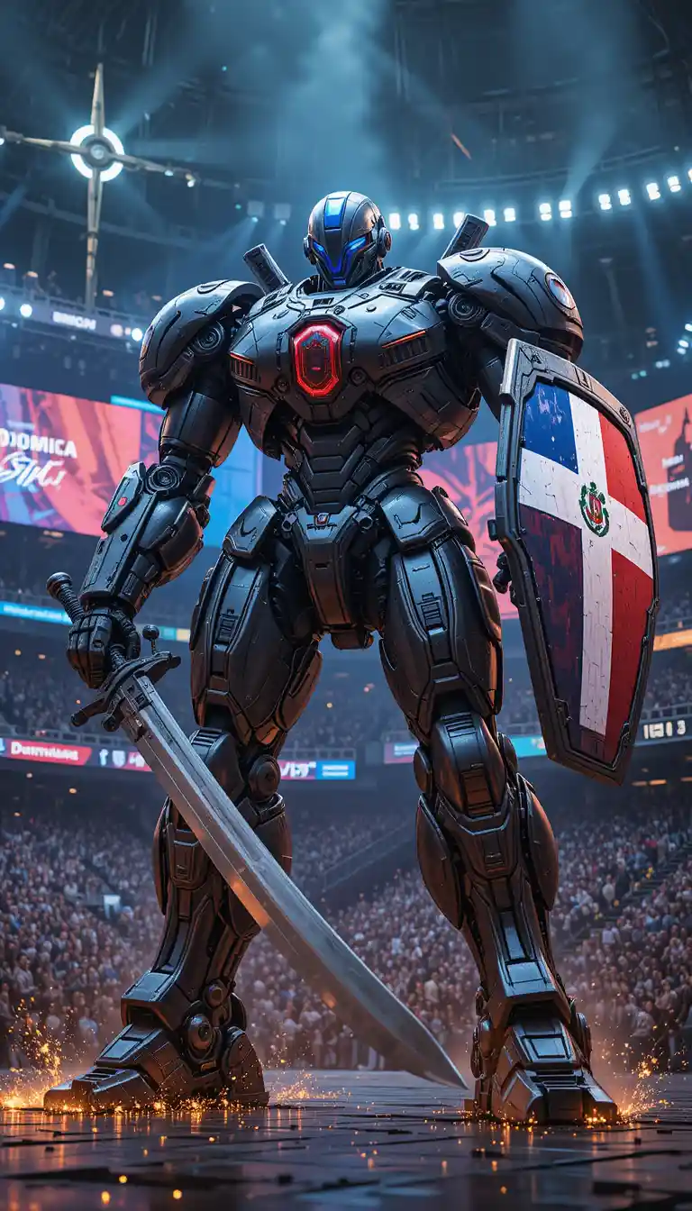 Campione mecha corazzato in un'arena di battaglia futuristica al neon