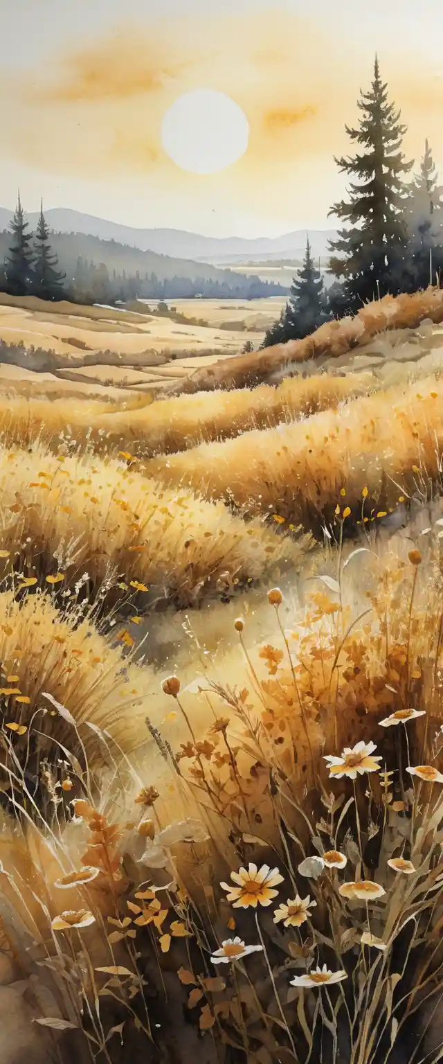 Prato acquerellato con fiori selvatici dorati nella luce soffusa d’autunno
