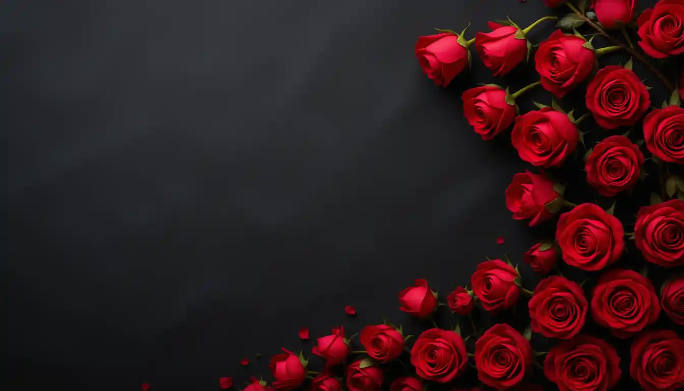 黑色背景上斜向排列的紅玫瑰花束
