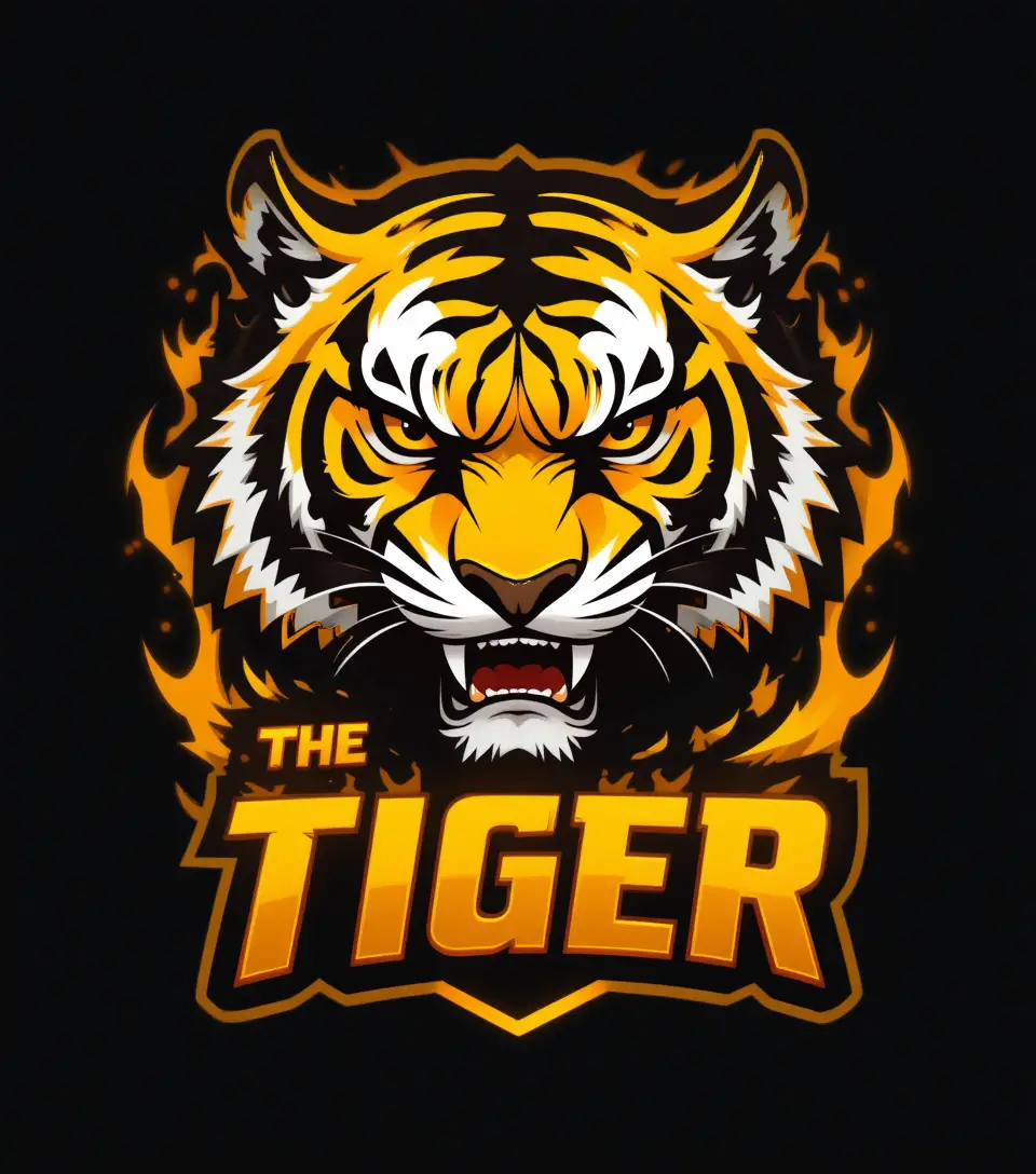Logo mascotte eSports di tigre aggressiva con fiamme intense