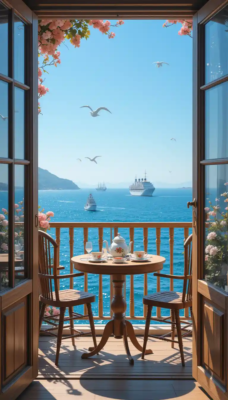 Balcone con vista mare, tè del pomeriggio e sedie di legno
