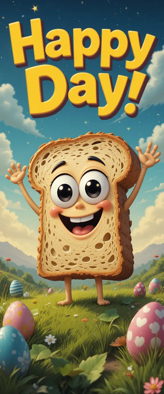 Cartoon-Brotfigur, die unter dem Schriftzug „Happy Day“ feiert