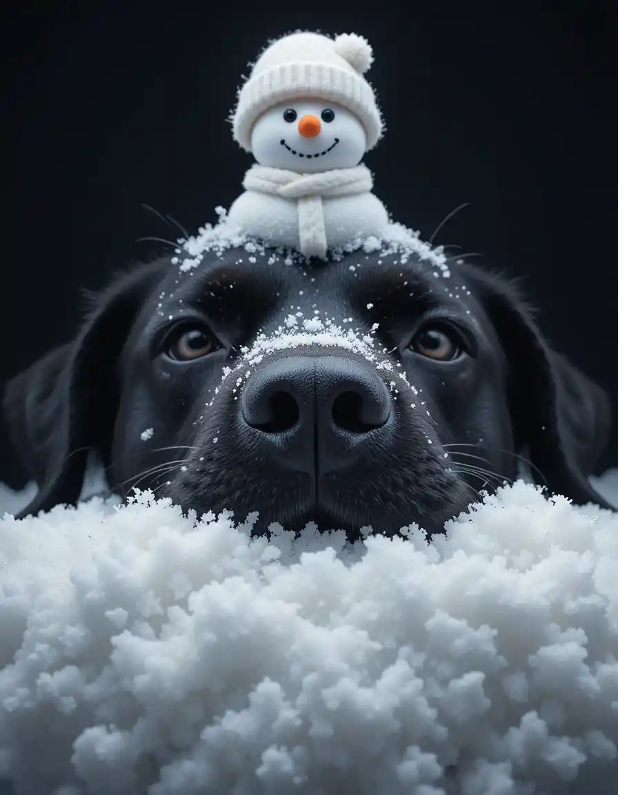 Perro negro descansando en la nieve con un pequeño muñeco de nieve en la cabeza