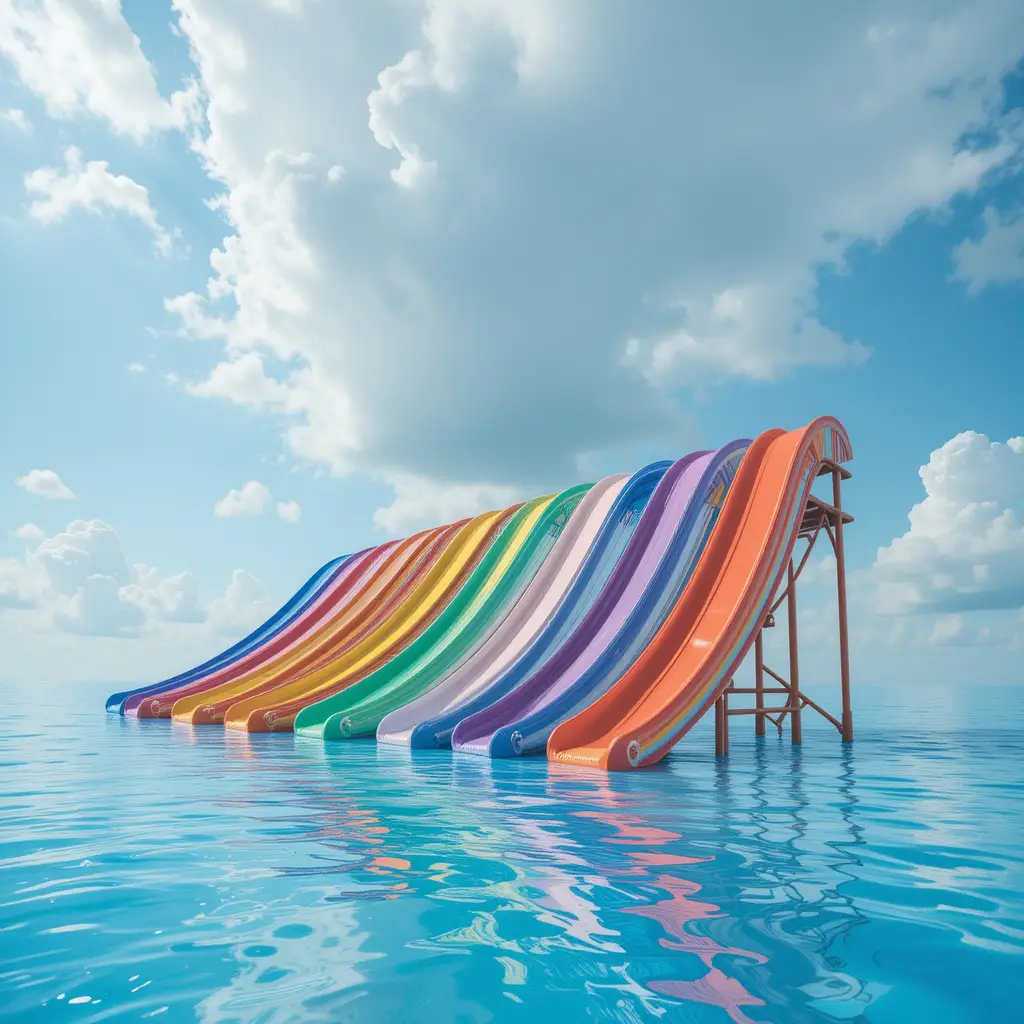 Regenbogenfarbene Rutschen spiegeln sich auf nassem Spielplatzboden