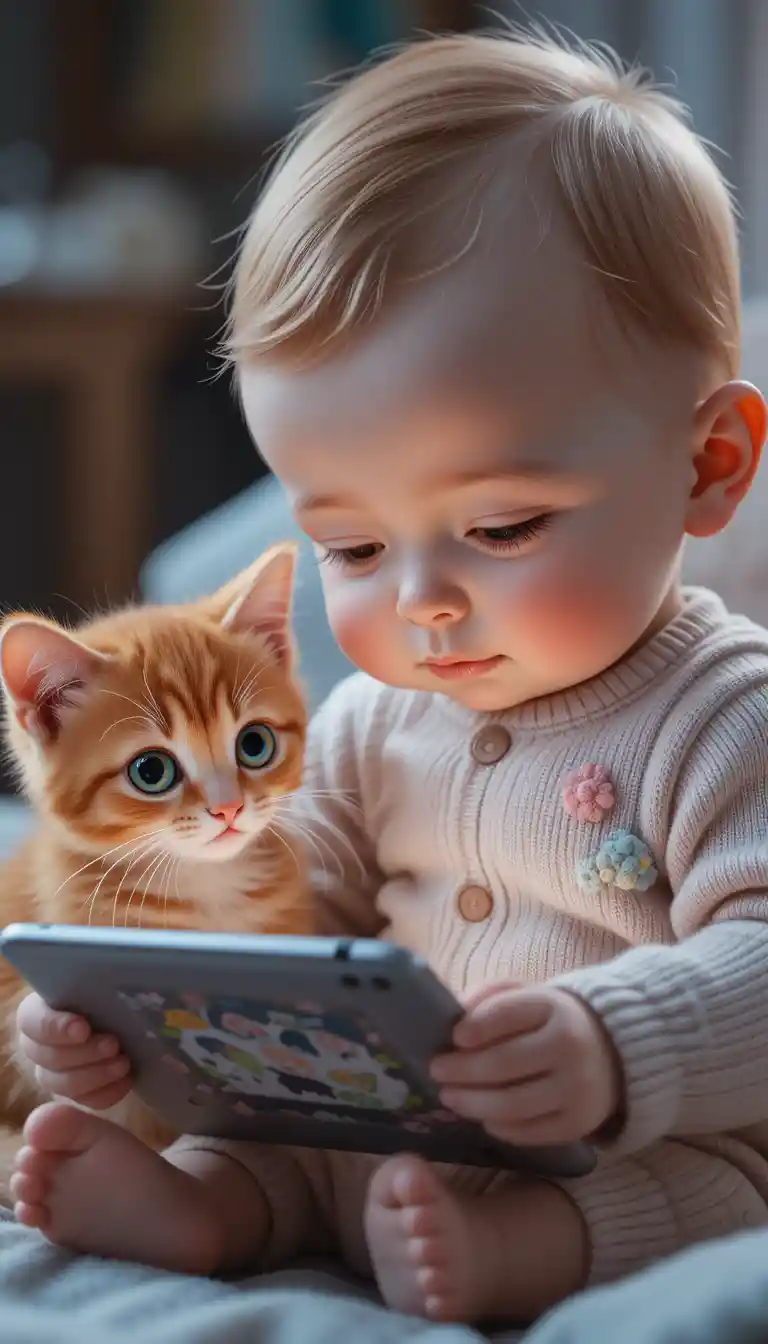 Cute bavarian baby with kitten watching glowing tablet
