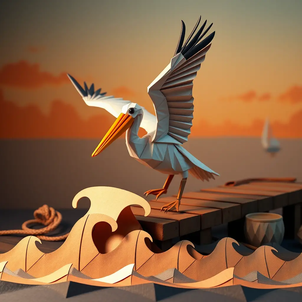 Pélican en origami atterrissant sur un quai en bois en bord de l’eau