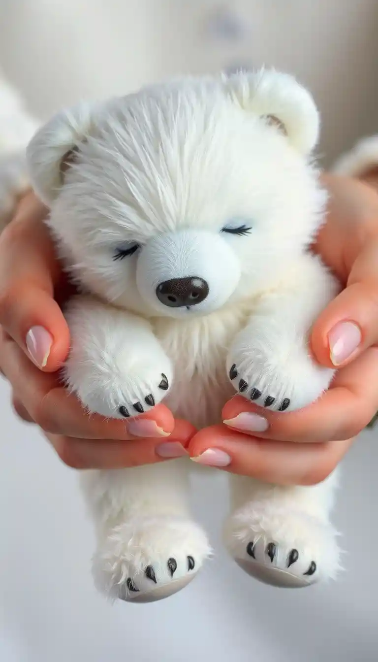Cucciolo di orso polare addormentato, cullato dolcemente tra mani umane