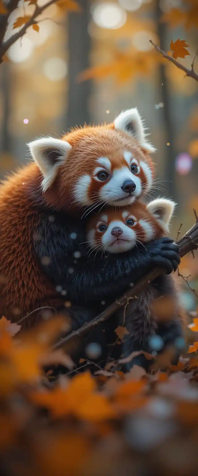 Red panda newborn cuddled in autumn forest scene