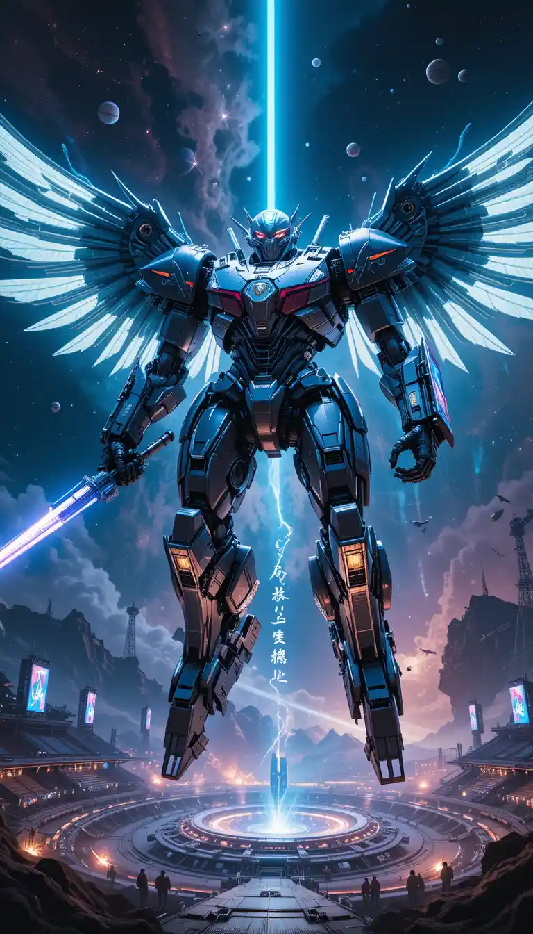 Guardiano mecha dominicano corazzato che fluttua nello spazio profondo