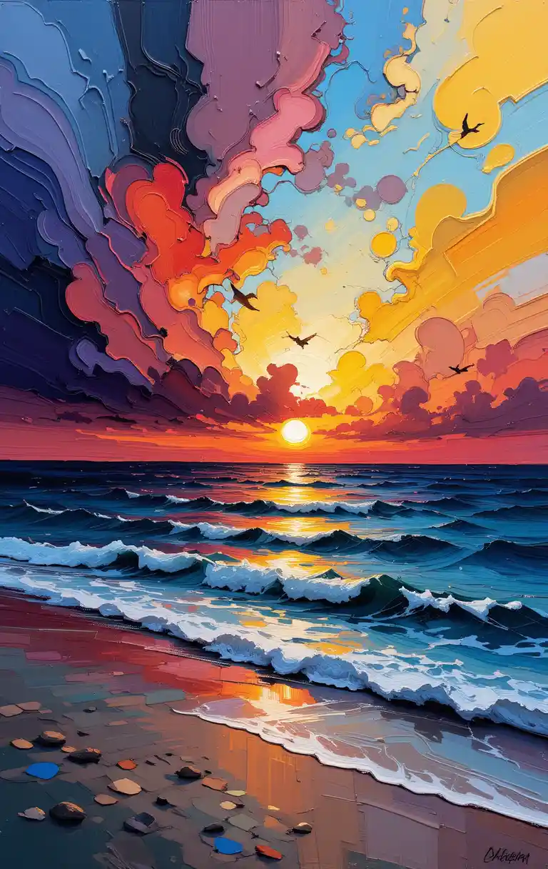 Abstract oil painting of a vivid sea sunset