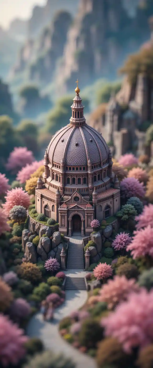 奇幻穹頂城市景觀的魔法全景插畫