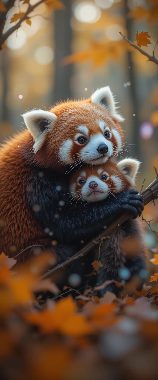 秋の森の中で寄り添うレッサーパンダの赤ちゃん