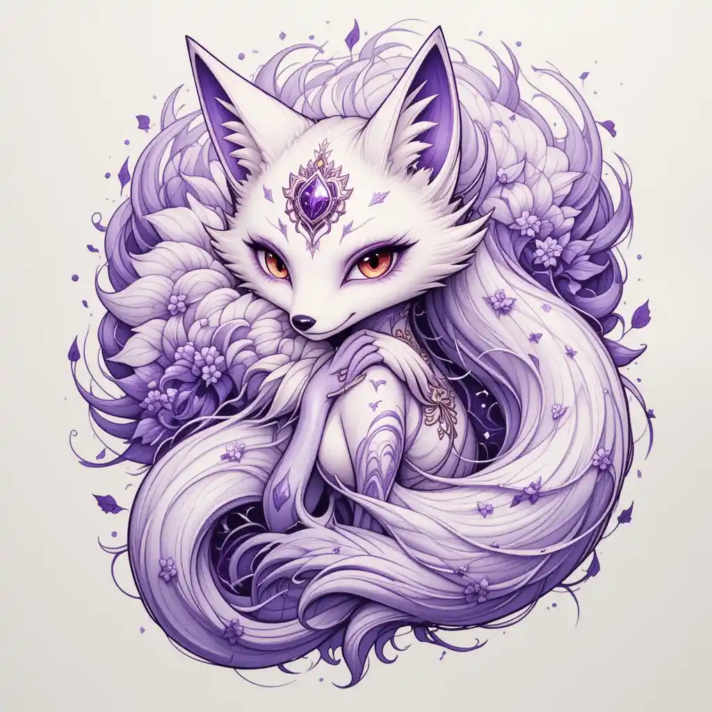 Mystical Kitsune Tattoo Illustration With Ornamental Purple Details