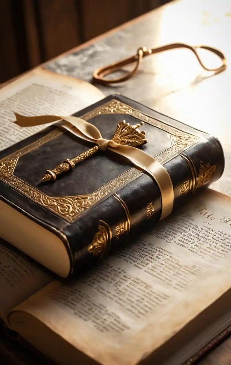 Geschlossene Lederbibel auf sonnenbeschienenem Steinaltar