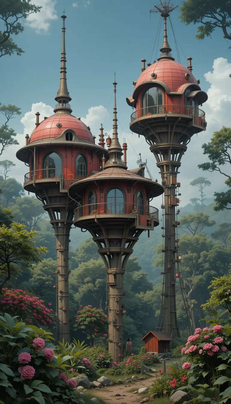 Case Futuristiche Steampunk in Degrado in una Foresta
